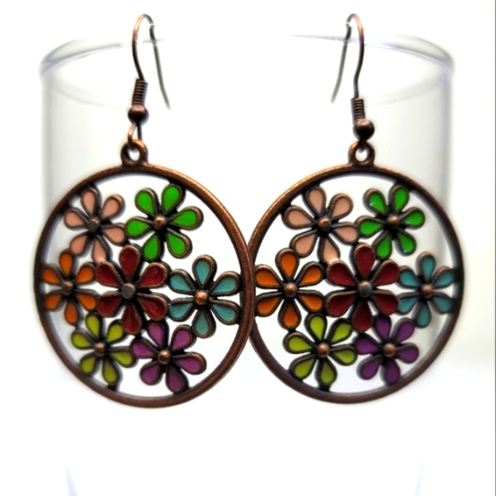 NWOT Round Colorful Flower Earrings Green Pink Orange Red Blue Yellow Purple